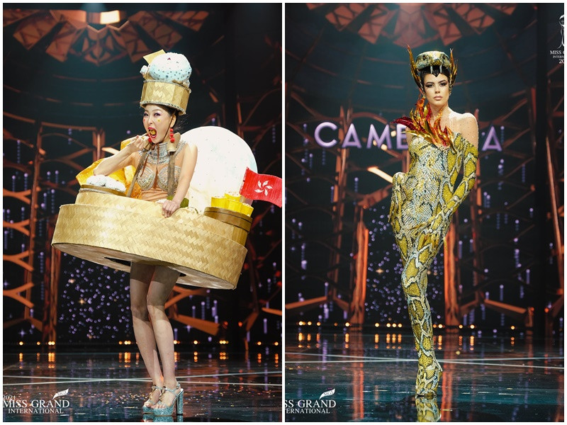 Đại diện Hong Kong thể hiện hình ảnh món ăn dimsum, người đẹp đến từ Brazil hóa nữ thần rắn. Ảnh: Miss Grand International