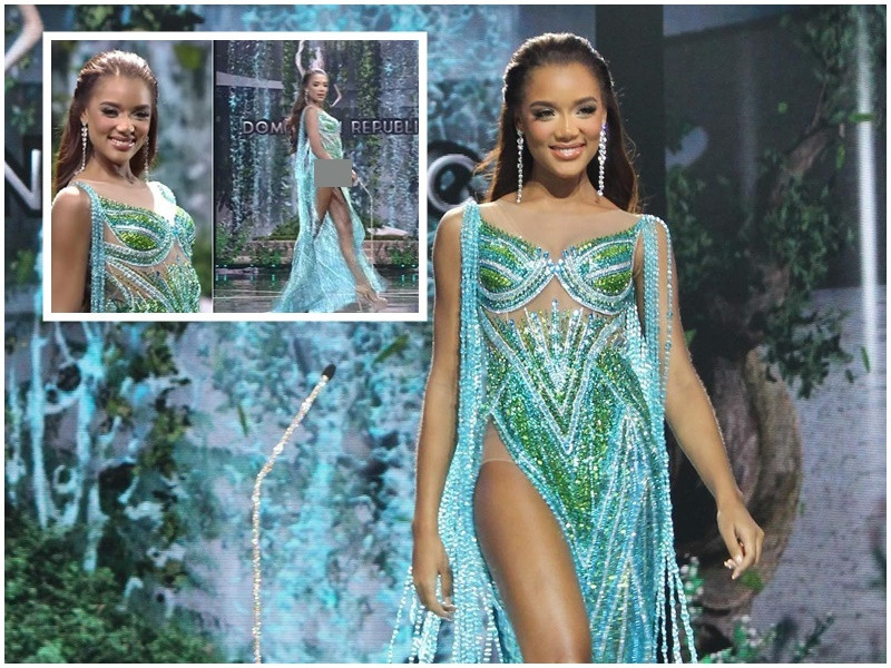 Lý do đại diện CH Dominica lộ nội y cũng do chiếc váy xẻ quá cao. Ảnh: Vietnamnet, Global Beauties
