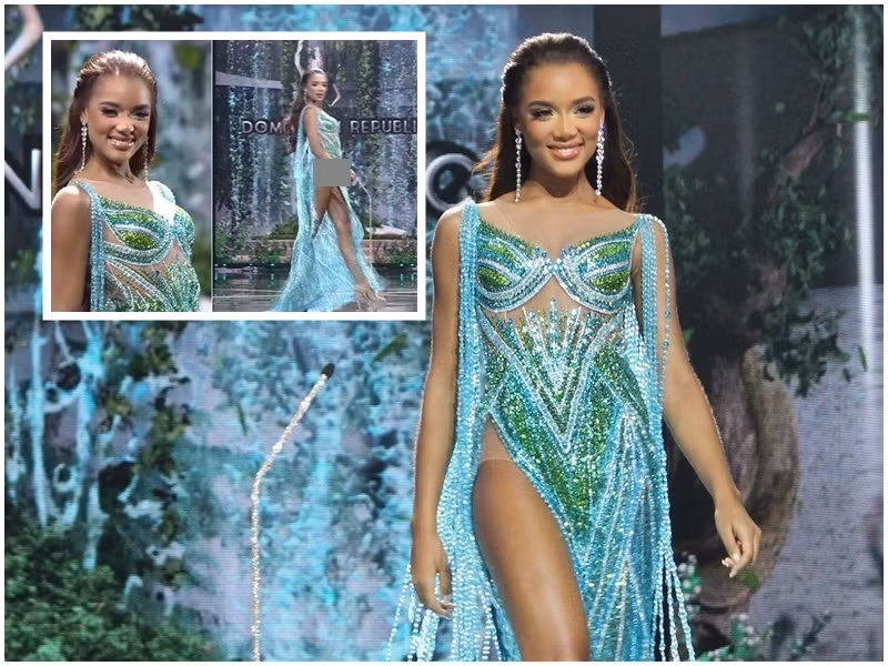 Lý do đại diện CH Dominica lộ nội y cũng do chiếc váy xẻ quá cao. Ảnh: Vietnamnet, Global Beauties