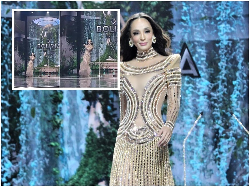 Đại diện Bolivia lại suýt ngã ở phần thi trang phục dạ hội. Ảnh: Vietnamnet, Global Beauties