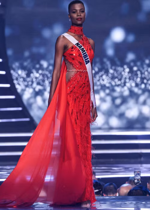 Thí sinh đến từ Namibia trình diễn váy dạ hội tông đỏ. Ảnh: Philstarlife