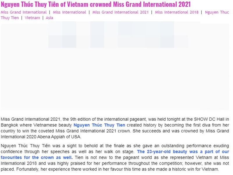 Các chuyên trang sắc đẹp quốc tế đăng tải bài viết về Thùy Tiên. Chuyên trang Angelopedia viết, Thùy Tiên là một thí sinh gây chú ý trong đêm chung chết khi rất tự tin trong các phần thi ứng xử cũng như lối trình diễn xuất sắc. Trước chung kết, Thùy Tiên luôn là thí sinh được chuyên trang này yêu thích. Angelopedia còn viết, Thùy Tiên không lọt top ở Hoa hậu Quốc tế 2018 nhưng kinh nghiệm thi quốc tế giúp cô mang về cho nhan sắc Việt Nam vương miện Hoa hậu Hòa bình Quốc tế.