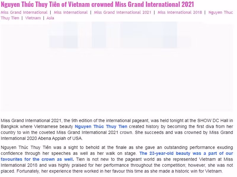 Các chuyên trang sắc đẹp quốc tế đăng tải bài viết về Thùy Tiên. Chuyên trang Angelopedia viết, Thùy Tiên là một thí sinh gây chú ý trong đêm chung chết khi rất tự tin trong các phần thi ứng xử cũng như lối trình diễn xuất sắc. Trước chung kết, Thùy Tiên luôn là thí sinh được chuyên trang này yêu thích. Angelopedia còn viết, Thùy Tiên không lọt top ở Hoa hậu Quốc tế 2018 nhưng kinh nghiệm thi quốc tế giúp cô mang về cho nhan sắc Việt Nam vương miện Hoa hậu Hòa bình Quốc tế.