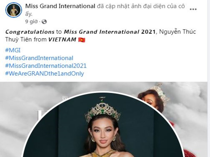 Fanpage cuộc thi Hoa hậu Hòa bình Quốc tế đã để ảnh Thùy Tiên làm ảnh đại diện.