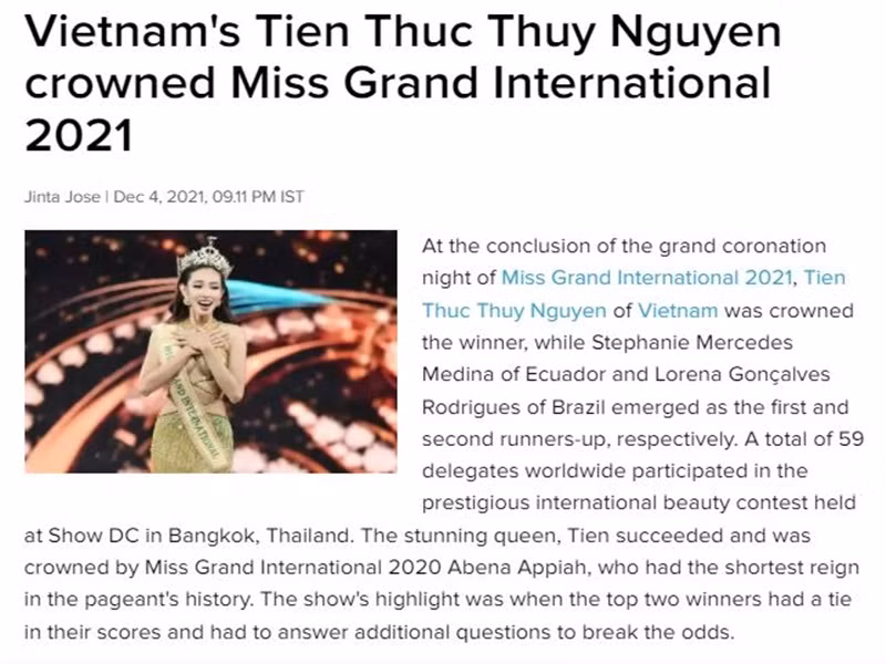 Tờ India Times của Ấn Độ cũng đưa tin về chiến thắng của Thùy Tiên.