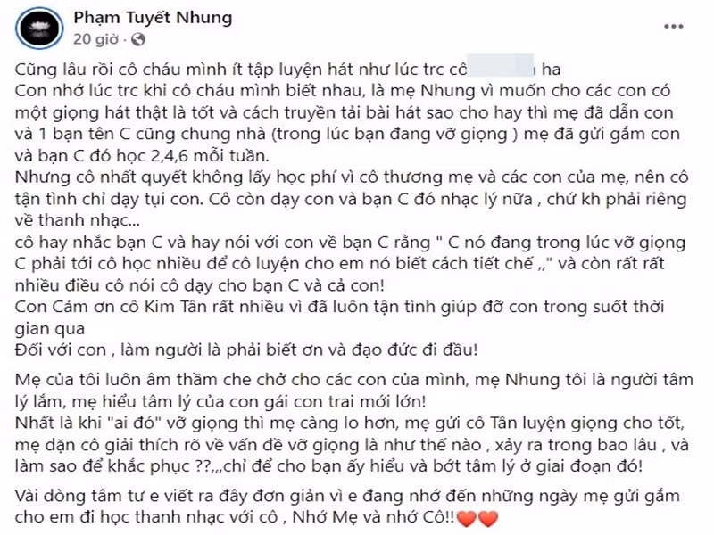 Mới đây, Tuyết Nhung gây chú ý khi nói về thời gian học thanh nhạc, trong đó nhắc đến cố ca sĩ Phi Nhung và một người có tên viết tắt là C, bị vỡ giọng. Nhiều người cho rằng C là Hồ Văn Cường. Ảnh: Phụ nữ và gia đình