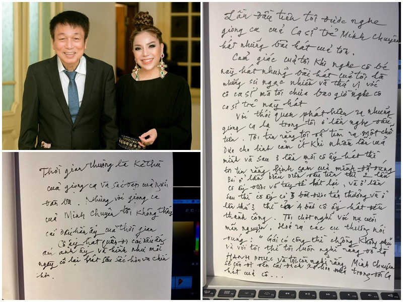 Mới đây, khi nhạc sĩ Phú Quang qua đời, Minh Chuyên chia sẻ lời nhận xét viết tay của cố nhạc sĩ về giọng hát của cô. Nữ ca sĩ xót xa trước sự ra đi của nhạc sĩ Phú Quang: “Cháu không thể ngăn cho nước mắt mình ngừng rơi khi nghe tin về chú! Vội vã trốn vào góc phòng nấc lên từng tiếng, quặn thắt, nhói đau. Cháu giờ vẫn ngồi đây, không biết nói gì, im lặng đến tê người. Chú và tác phẩm của chú sẽ mãi sống trong tim cháu! Cháu thương chú nhiều. Vĩnh biệt chú, chú ơi”. Ảnh: FB Minh Chuyên
