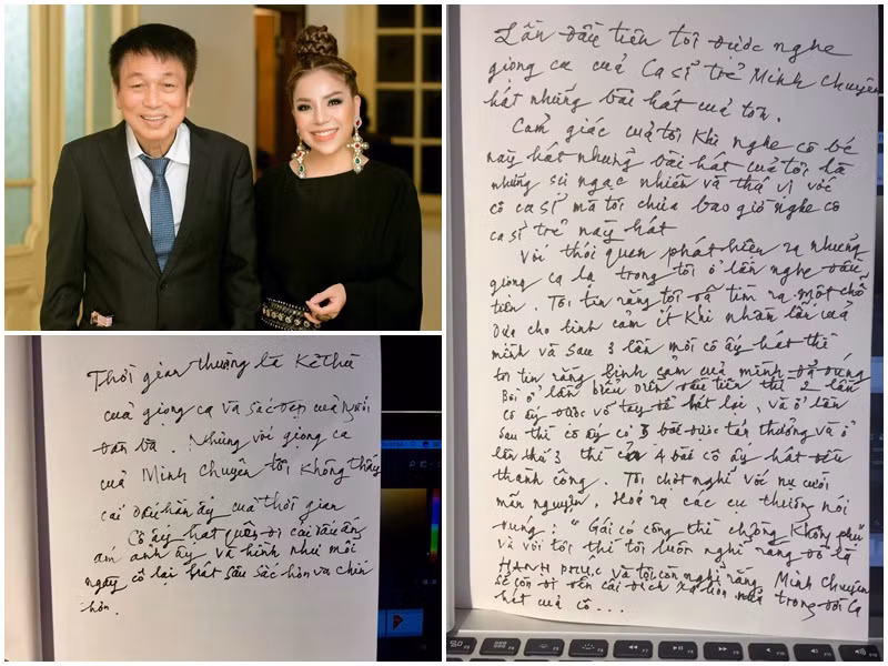 Mới đây, khi nhạc sĩ Phú Quang qua đời, Minh Chuyên chia sẻ lời nhận xét viết tay của cố nhạc sĩ về giọng hát của cô. Nữ ca sĩ xót xa trước sự ra đi của nhạc sĩ Phú Quang: “Cháu không thể ngăn cho nước mắt mình ngừng rơi khi nghe tin về chú! Vội vã trốn vào góc phòng nấc lên từng tiếng, quặn thắt, nhói đau. Cháu giờ vẫn ngồi đây, không biết nói gì, im lặng đến tê người. Chú và tác phẩm của chú sẽ mãi sống trong tim cháu! Cháu thương chú nhiều. Vĩnh biệt chú, chú ơi”. Ảnh: FB Minh Chuyên