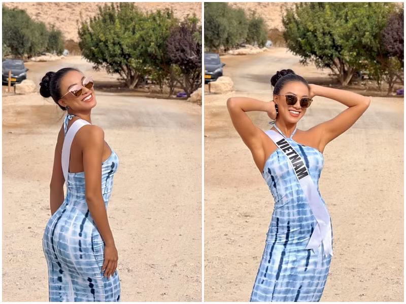 Mặc váy cổ yếm, bó sát, nàng á hậu khoe vóc dáng cùng làn da nâu khỏe khoắn. Ảnh: FB Kim Duyên