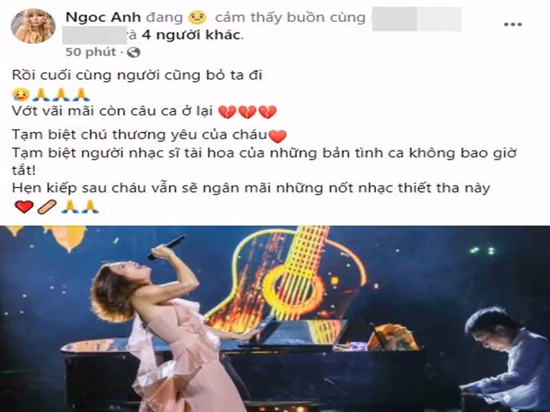 Ngọc Anh 3A cũng xót xa khi hay tin nhạc sĩ Phú Quang ra đi. Cô viết lời tiếc thương kèm hình ảnh từng được cố nhạc sĩ đệm đàn trên sân khấu.