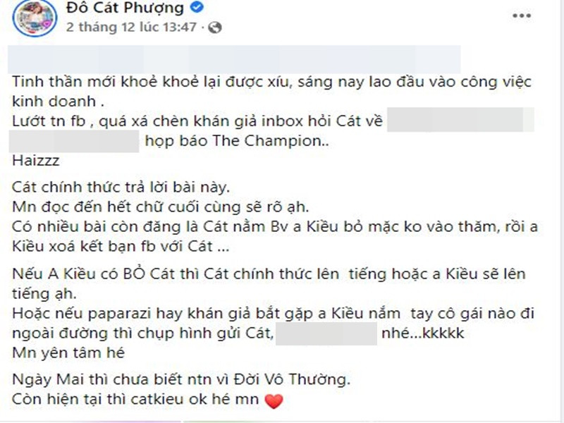 Cát Phượng còn phủ nhận nghi vấn bị Kiều Minh Tuấn bỏ mặc khi nhập viện cũng như bị tình trẻ xóa kết bạn trên Facebook. Ảnh: chụp màn hình