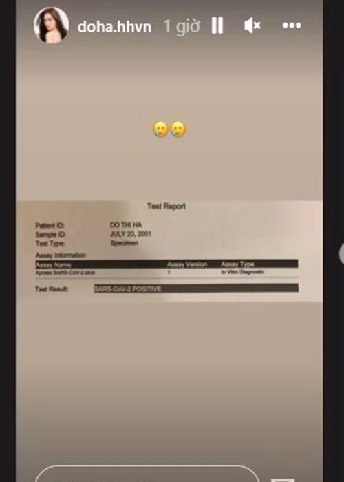 Trên trang cá nhân, Đỗ Thị Hà vừa chia sẻ kết quả xét nghiệm dương tính với COVID-19.