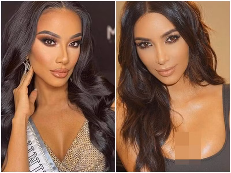 Đại diện Việt Nam được trang điểm theo phong cách Latin tông nâu, nhấn vào đôi môi dày mọng, mày và mắt. Nhiều người cho rằng hình ảnh mới của Kim Duyên hao hao Kim Kardashian - "cô Kim siêu vòng 3". Ảnh: Tiền Phong