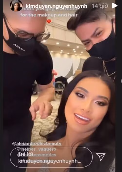 Kim Duyên gửi lời cảm ơn đến các chuyên gia trang điểm, làm tóc của cuộc thi. Ảnh: FB Kim Duyên