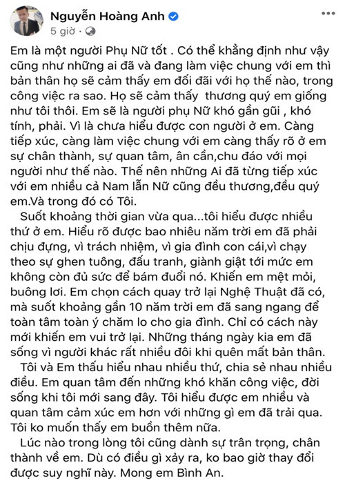 Trong tâm thư, Hoàng Anh ám chỉ cuộc hôn nhân không hạnh phúc của Thắm Bebe. "Suốt khoảng thời gian vừa qua, tôi hiểu được nhiều thứ ở em. Hiểu rõ được bao nhiêu năm trời em đã phải chịu đựng, vì trách nhiệm, vì gia đình con cái, vì chạy theo sự ghen tuông, đấu tranh, giành giật tới mức em không còn đủ sức để bám đuổi nó khiến em mệt mỏi, buông lơi", anh viết. Ảnh: VTC