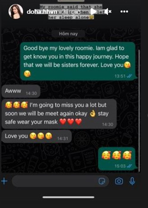 Đỗ Thị Hà khoe tin nhắn của đại diện Mông Cổ sau khi cả hai rời cuộc thi. "Tôi sẽ nhớ bạn rất nhiều nhưng chúng ta sẽ sớm gặp lại. Hãy giữ sức khỏe, luôn đeo khẩu trang bạn nhé. Yêu bạn".