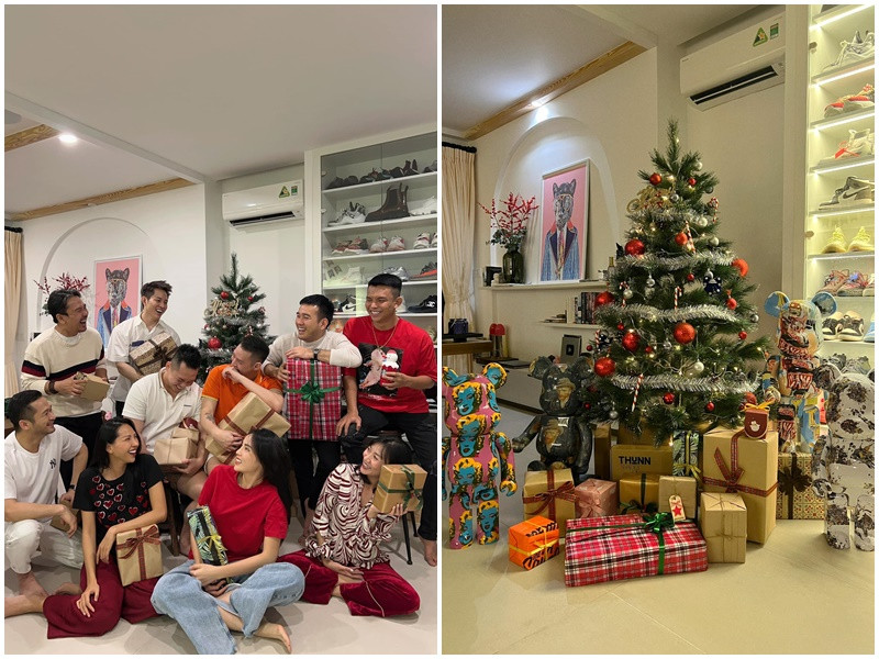 Kỳ Duyên - Minh Triệu cùng bạn bè trao đổi quà Giáng sinh.