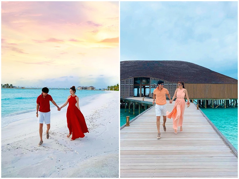 Nam đạo diễn triệu đô được khen trẻ trung khi mặc áo polo, quần short còn bà xã của anh xinh đẹp trong váy áo thướt tha.