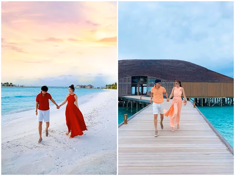 Nam đạo diễn triệu đô được khen trẻ trung khi mặc áo polo, quần short còn bà xã của anh xinh đẹp trong váy áo thướt tha.