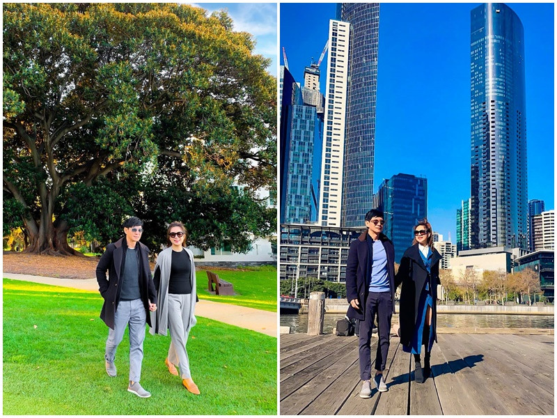 Minh Hà cùng chồng lựa chọn trang phục đồng điệu về màu sắc và phù hợp theo mùa.