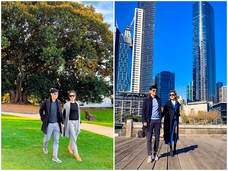 Minh Hà cùng chồng lựa chọn trang phục đồng điệu về màu sắc và phù hợp theo mùa.