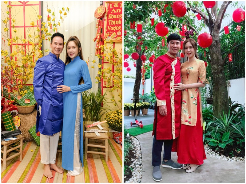 Cặp vợ chồng nổi tiếng Vbiz mặc áo dài cùng tông màu vào dịp lễ Tết.