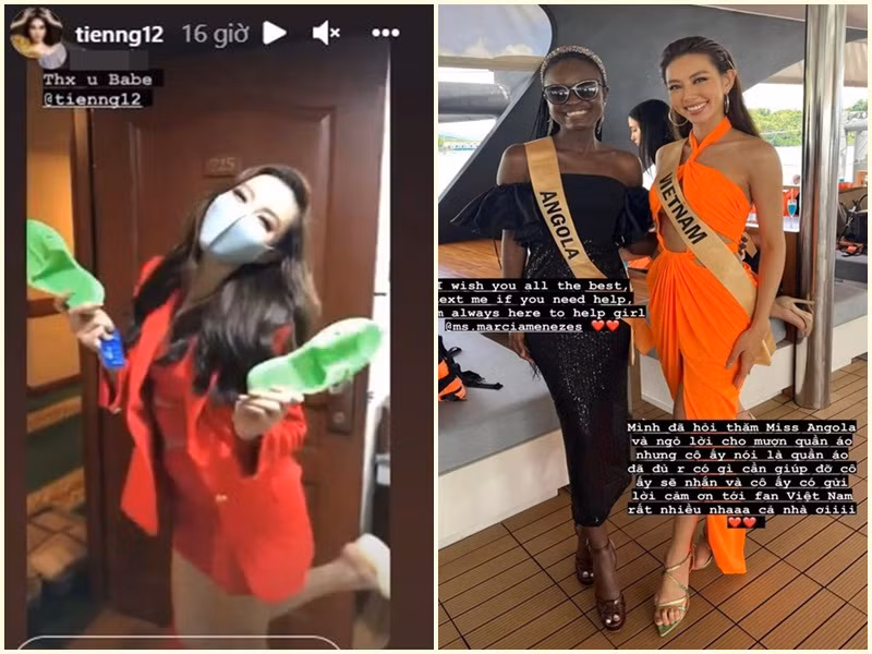 Thùy Tiên còn ghi điểm nhờ sự thân thiện. Cô hỏi thăm và ngỏ lời cho đại diện Angola mượn quần áo. Tuy nhiên, người đẹp Angola cho biết, cô đã đủ trang phục nếu cần giúp đỡ sẽ nhắn tin với Thùy Tiên. Bên cạnh đó, đại diện Việt Nam còn mang theo dép tổ ong tặng các người bạn mới. Ảnh: FB Thùy Tiên