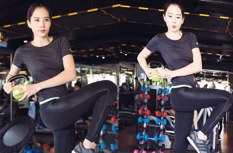 Hình ảnh Nam Em tập luyện miệt mài cùng huấn luyện viên hình thể trong suốt hành trình chuẩn bị cho cuộc thi Hoa hậu Trái đất 2016.