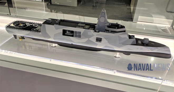 HHI cũng giới thiệu mô hình tàu chiến đa năng thế hệ mới HCX-19. HHI cho biết khái niệm về phân loại lớp tàu sẽ biến mất với thiết kế này. Nó sẽ đảm nhận tất cả vai trò của tàu khu trục, tàu hộ vệ tên lửa, tàu hộ tống vào một thiết kế duy nhất. Ảnh: Naval News.
