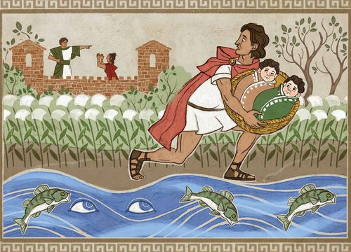 Việc công chúa Rhea Silvia sinh con bị nhà vua Amulus phát hiện. Theo đó, nhà vua ra lệnh bắt giam Rhea Silvia và cho người đặt 2 đứa trẻ vào trong một chiếc giỏ rồi thả trôi trên dòng sông Tiber.