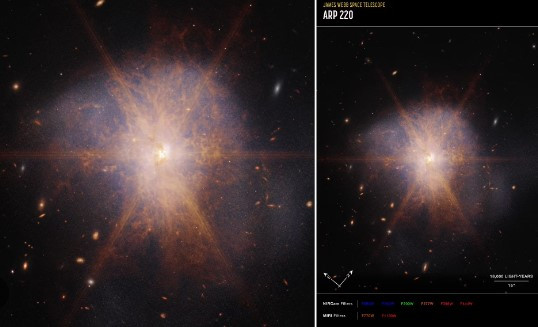 Arp 220 hiện có hình xoắn ốc giống thiên hà Milky Way (Ngân Hà) chứa Trái đất, có những cái đuôi xoáy ở vùng ngoại vi, đã bắt đầu vũ điệu hợp nhất từ 700 triệu năm trước và quá trình này có thể kéo dài rất lâu sau đó.