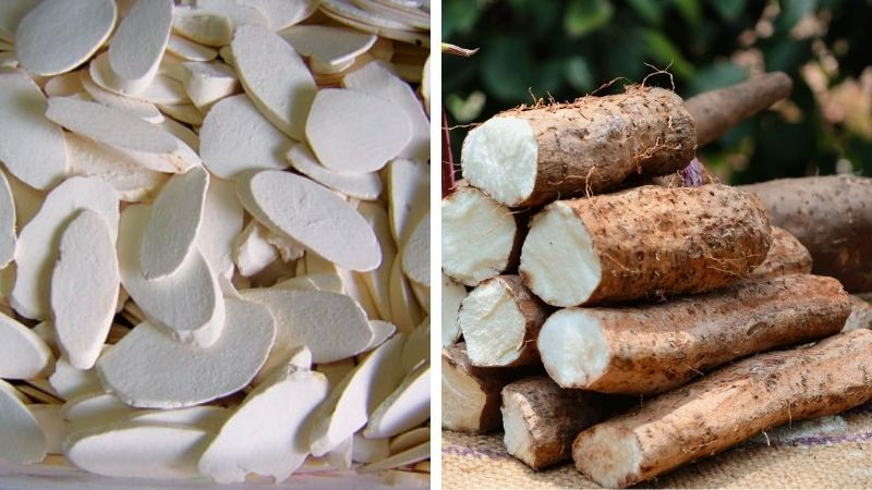 Củ mài có lớp vỏ ngoài màu nâu xám nhưng bên trong có màu trắng.