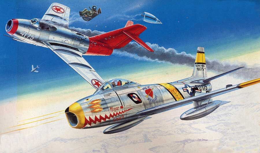  F-86 Sabre là đại diện của thế hệ máy bay chiến đấu phản lực đầu tiên do Mỹ phát triển, chủ yếu được sử dụng để không chiến, đánh chặn và ném bom. Nó được sử dụng nhiều trên chiến trường Triều Tiên, và đối thủ chính của nó là tiêm kích MiG-15 của Liên Xô. Có thể nói, tiêm kích Sabre đã mở ra một chương mới trong dòng máy bay chiến đấu siêu thanh cánh xuôi.