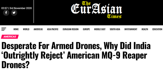 Theo tin từ trang web Eurasia Times của Ấn Độ, hai Bộ trưởng Mỹ là Ngoại trưởng Pompeo và Bộ trưởng Quốc phòng Mark Esper vừa có chuyến thăm cấp cao tới Ấn Độ. Mỹ và Ấn Độ đã tiến hành đối thoại cấp Bộ trưởng 2+2 và việc Mỹ bán UAV MQ-9B Reaper cho Ấn Độ, cũng nằm trong nội dung chương trình nghị sự của cả hai bên.