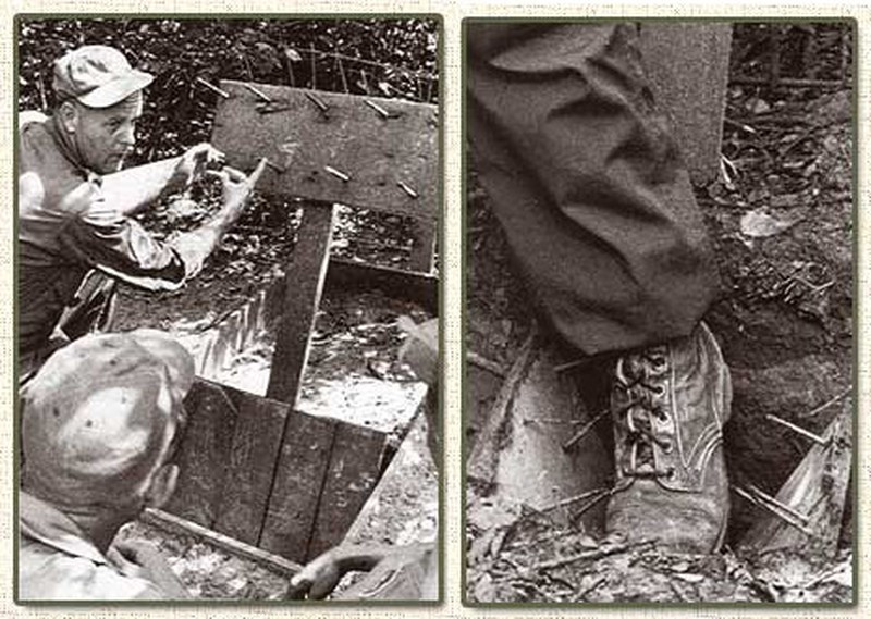 Không chỉ là đào hố xuống đất rồi cắm chông vào như truyền thống, Quân Giải phóng cũng phát triển thêm nhiều loại bẫy chông vô cùng nguy hiểm để tấn công nhiều bộ phận khác nhau trên cơ thể như cổ chân, đầu gối, đùi, hạ bộ hay phần thân trên, đầu của kẻ thù,… gây ra nhiều thương vong, tạo tâm lý hoảng sợ trong quân thù, luôn phải đề phòng cao độ khi càn quét quân ta trong rừng. Ảnh: Một số loại bẫy chông khác do Quân giải phóng chế tạo.