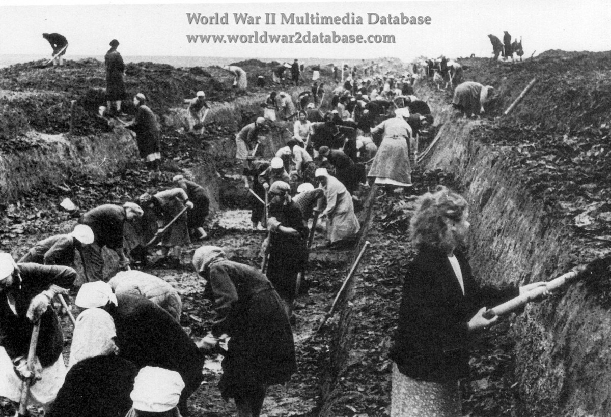 Trở lại mặt trận, tướng Zhukov cho quân trinh sát kỹ và bắt tù binh để khai thác. Biết địch đang mệt mỏi, tạm dừng để bổ sung quân và đạn dược, mặt khác, theo kế hoạch tấn công chớp nhoáng, quân Đức chỉ mang theo lễ phục để diễu binh thắng lợi tại Moscow, không mang áo ấm nên đang rét run lập cập. Ảnh: Nhân dân thủ đô Moscow đào hào phòng thủ thành phố - Nguồn: Wikipedia.