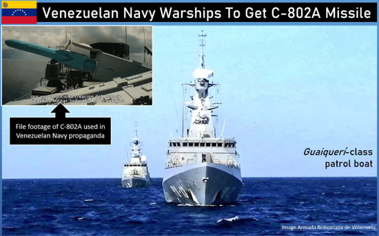 Trước đó vào ngày 25/9, Hải quân Venezuela đã tiết lộ việc mua tên lửa chống hạm C-802A; trong đoạn video quảng cáo do Hải quân Venezuela công bố và trên tài khoản Twitter của Tổng thống Venezuela Maduro, đã xuất hiện cảnh bắn thử tên lửa C-802A.
