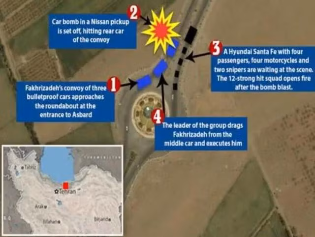 Giữa cơn giận dữ trong nước đối với những hành động của Mỹ và Israel, hôm Chủ nhật vừa qua, cựu Ngoại trưởng Iran là Harazi, đồng thời là Chủ tịch Ủy ban Chiến lược Đối ngoại Iran đã đưa ra một tuyên bố, nhấn mạnh rằng, Iran chắc chắn sẽ "trả thù" cái chết của Fahrizad, nhưng "đòn thù" phản công phải có "tính toán". Ảnh: Đồ họa khu vực nhà khoa học bị sát hại – Nguồn: Sina