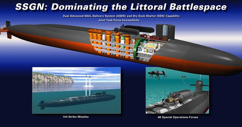Với 22/24 ống phóng tên lửa đạn đạo, đã được hoán cải thành ống phóng tên lửa Tomahawk; mỗi ống phóng như vậy chứa một thùng phóng, trong một thùng phóng có 7 quả tên lửa Tomahawk; 2 ống phóng còn lại được điều chỉnh để hỗ trợ các hoạt động đặc biệt, có thể đưa ít nhất 66 lính đặc nhiệm của Hải quân (SEAL). Nguồn ảnh: Hải quân Mỹ