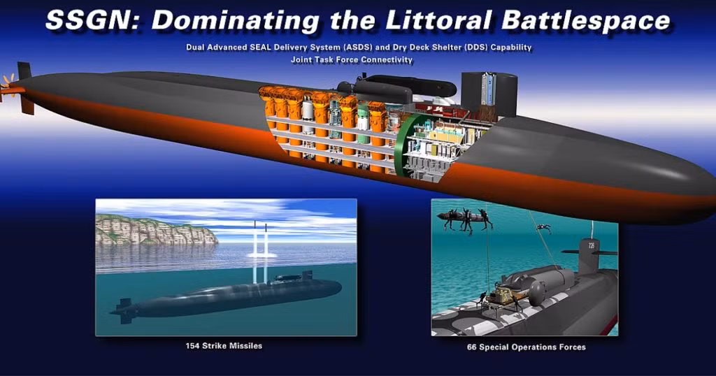 Với 22/24 ống phóng tên lửa đạn đạo, đã được hoán cải thành ống phóng tên lửa Tomahawk; mỗi ống phóng như vậy chứa một thùng phóng, trong một thùng phóng có 7 quả tên lửa Tomahawk; 2 ống phóng còn lại được điều chỉnh để hỗ trợ các hoạt động đặc biệt, có thể đưa ít nhất 66 lính đặc nhiệm của Hải quân (SEAL). Nguồn ảnh: Hải quân Mỹ