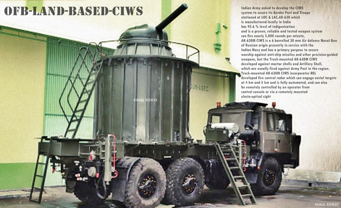Người Ấn Độ cũng có phương án đưa CIWS lên khung gầm xe vận tải của riêng mình tuy nhiên lại không được ưu việt cho lắm khi họ chọn mẫu pháo cao tốc AK-630 của Liên Xô. Sở dĩ Phanlax và Type-730 được chọn cũng bởi vì đây là các hệ thống sử dụng pháo chính, hệ thống nạp đạn và radar đặt chung trên một bệ còn AK-630 thì hệ thống nạp đạn của nó lại nằm phía bên dưới pháo, do đó khi đặt lên xe nhìn rất bất hợp lý và cồng kềnh. Ảnh: Pháo AK-630 đặt lên xe vận tải do Ấn Độ thực hiện.