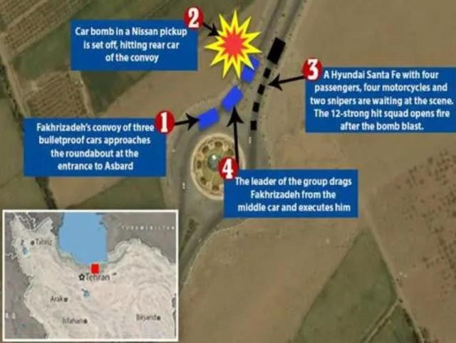 Điều đáng nói là dù chính phủ Israel đã nhiều lần nhấn mạnh rằng, chuyện này không liên quan gì đến họ; nhưng chính truyền thông của Mỹ và Israel dường như có ý định giúp Iran "giải quyết vụ việc" và cung cấp rất nhiều "bằng chứng", để chứng minh Mỹ và Israel liên quan đến cái chết của Fakhrizadeh. Ảnh: Đồ họa khu vực Fakhrizadeh bị ám sát - Nguồn: Sina