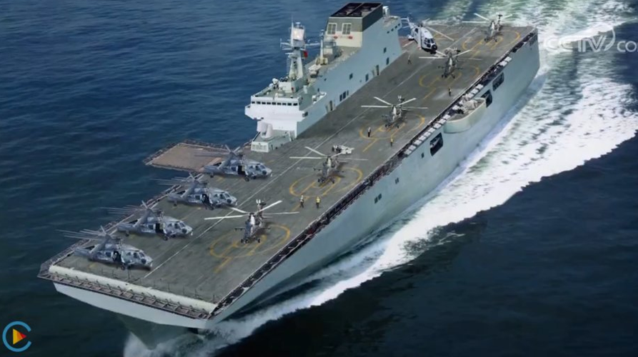 Tiếp đến là tàu đổ bộ trực thăng Type 075 - "quân bài tẩy" của Hải quân Trung Quốc trong tương lai. Hiện những chiếc Type 075 đầu tiên đang được đóng mới tại nhà máy đóng tàu Hỗ Đông Trung Hoa. Nguồn ảnh: QQ.