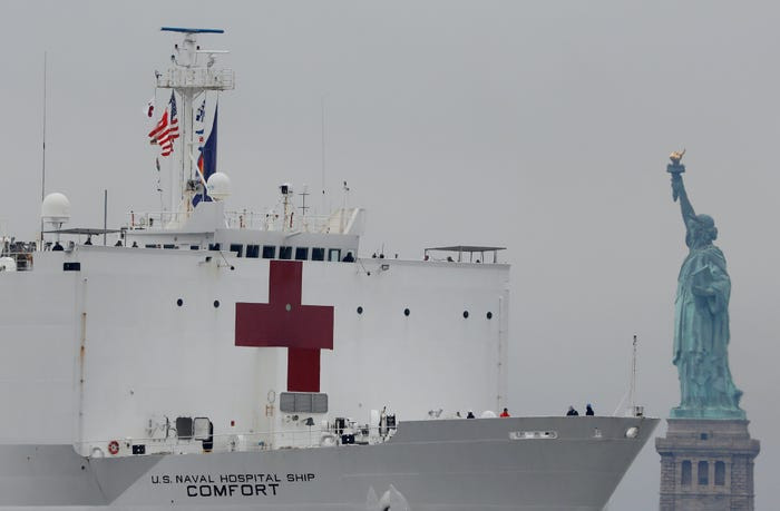 Tàu bệnh viện USNS Comfort di chuyển qua tượng Nữ Thần Tự Do trước khi vào cảng New York. Nguồn ảnh: BI.