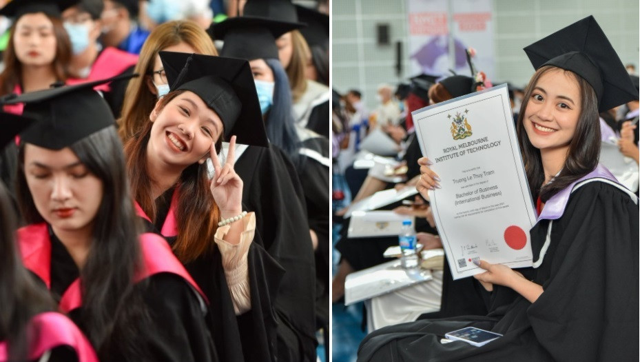 Các nữ sinh rạng rỡ trong ngày trở thành tân cử nhân. Trương Lê Thúy Trâm (phải) rạng rỡ khoe tấm bằng tốt nghiệp chuyên ngành Kinh doanh quốc tế. Cô được bạn bè tặng biệt danh “The Face of RMIT” nhờ có vẻ ngoài trong trẻo, xinh xắn.