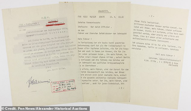 Hitler viết thêm rằng, y tin rằng bằng cách này, bản thân có thể phục vụ tốt nhất cho nước Đức. Các bạn cần nỗ lực làm mọi việc để đem lại chiến thắng cho Berlin. Hãy đẩy nhanh việc tiến quân về phía Bắc càng sớm càng tốt.