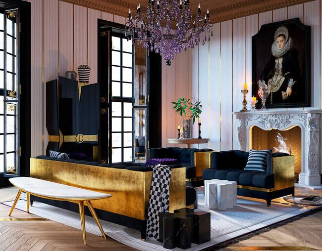 Đèn chùm được làm từ thạch anh tím, đặt tại vị trí trung tâm căn phòng, tạo sự tương phản giữa các chi tiết và điểm nhấn cho thiết kế nội thất trong căn phòng.