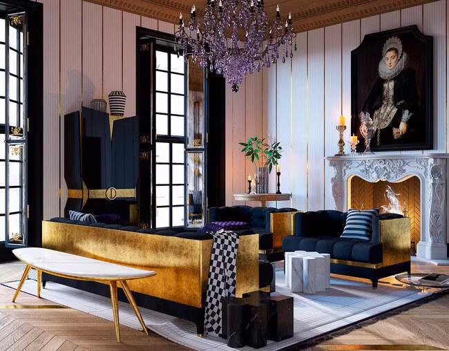 Đèn chùm được làm từ thạch anh tím, đặt tại vị trí trung tâm căn phòng, tạo sự tương phản giữa các chi tiết và điểm nhấn cho thiết kế nội thất trong căn phòng.