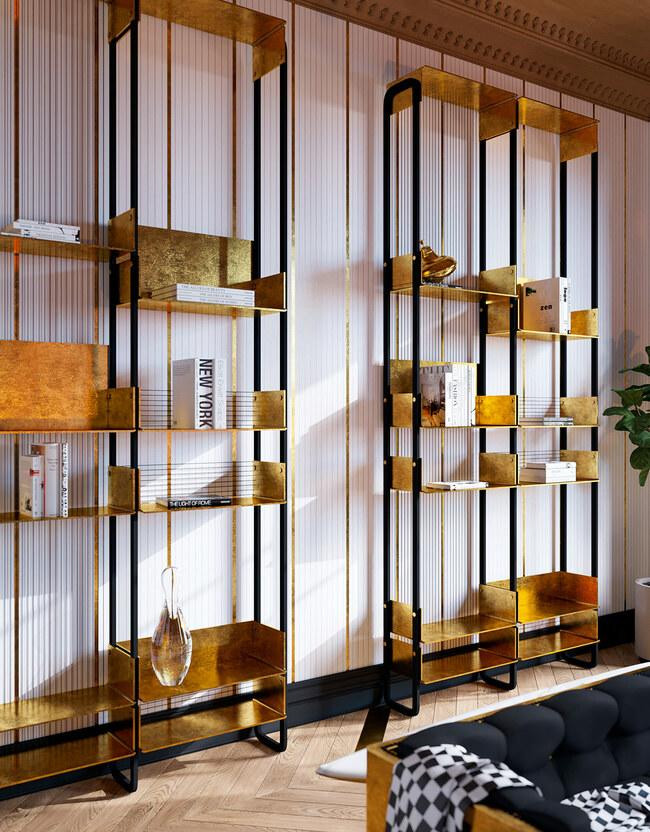 Kệ sách gắn tường thanh mảnh nhưng đầy sang trọng với thiết kế hoàn toàn từ vàng.