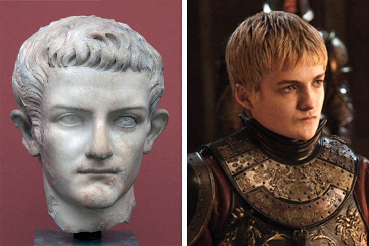 Nhiều người không khỏi bất ngờ khi nhận thấy nam diễn viên của loạt phim Game of Thrones có ngoại hình khá giống hoàng đế La Mã Caligula (trái ảnh).